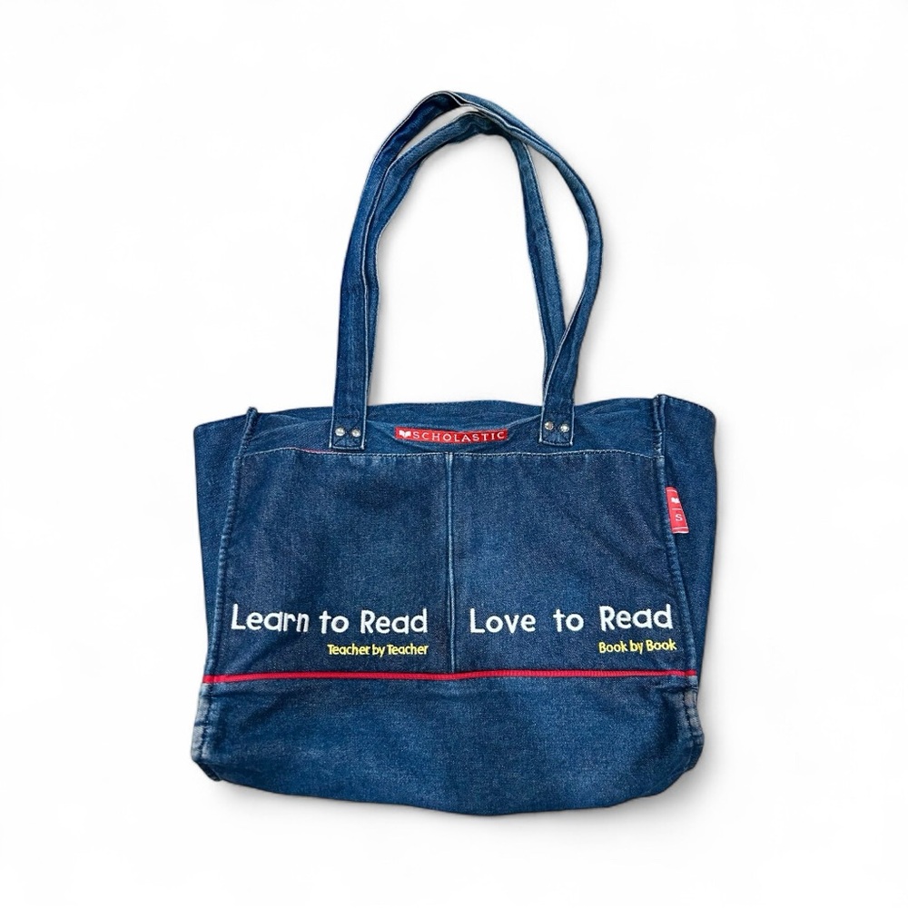 Rare Vintage Scholastic Denim Tote with Embroidered Reading Quotes